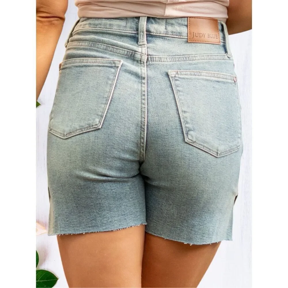 Judy Blue High Rise Side Slit Shorts Vintage Wash Raw Hem Stretch Denim NWT
